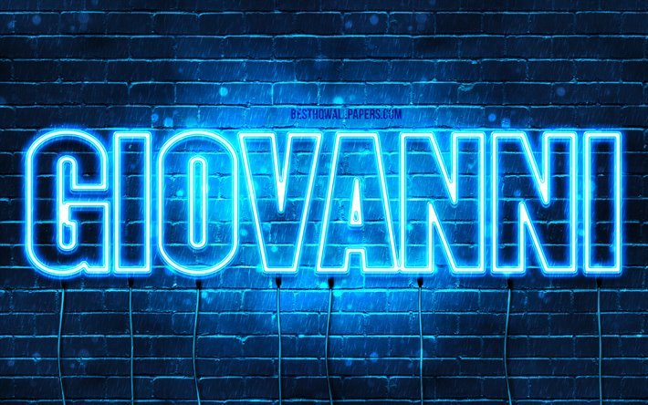 John, 4k, taustakuvia nimet, vaakasuuntainen teksti, Giovanni nimi, blue neon valot, kuva Giovanni nimi