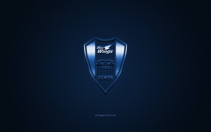 Suwon Samsung Bluewings, Sydkoreanska football club, K League 1, bl&#229; logo, bl&#229; kolfiber bakgrund, fotboll, Suwon, Sydkorea, Suwon Samsung Bluewings logotyp