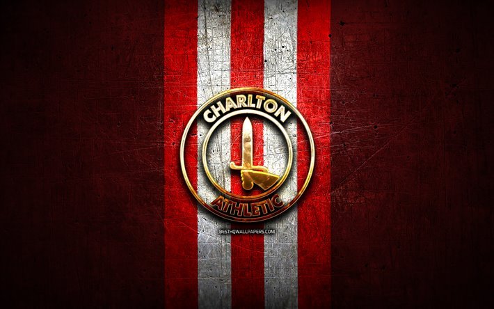 Charlton Athletic FC, golden logo, EFL Championship, red metal background, football, Charlton Athletic, english football club, Charlton Athletic logo, soccer, England