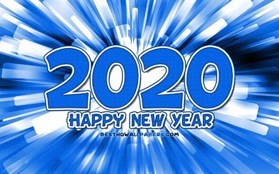 4k, Happy New Year 2020, blue abstract rays, 2020 blue digits, 2020 concepts, 2020 on blue background, 2020 year digits