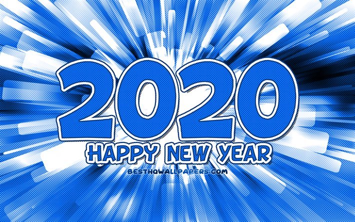 4k, gl&#252;ckliches neues jahr 2020, blau abstrakt-strahlen, 2020 blauen ziffern, 2020-konzepte, bis 2020 auf blauem hintergrund, 2020 jahr ziffern