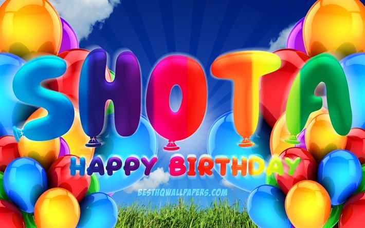 Shota buon Compleanno, 4k, cielo coperto sfondo, Festa di Compleanno, palloncini colorati, Shota nome, Felice Compleanno Shota, feste di Compleanno, concetto, Shota Compleanno, Shota