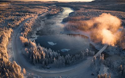 Kalix R&#237;o, Norrbottens, invierno, nieve, paisaje, bosque, noche, puesta de sol, Suecia