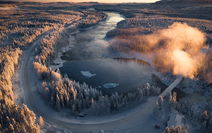 Kalix Rio, Norrbottens, inverno, neve, paisagem de inverno, floresta, noite, p&#244;r do sol, Su&#233;cia