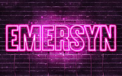 Emersyn, 4k, wallpapers with names, female names, Emersyn name, purple neon lights, horizontal text, picture with Emersyn name