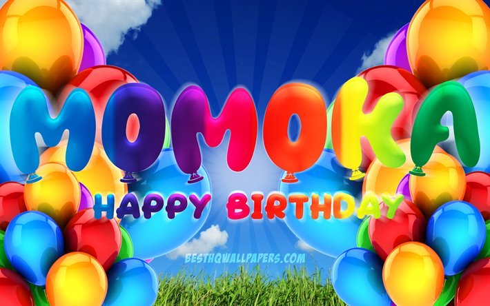 Momoka Joyeux Anniversaire, 4k, ciel nuageux fond, de noms de femmes, F&#234;te d&#39;Anniversaire, ballons color&#233;s, Momoka nom, Joyeux Anniversaire Momoka, Anniversaire concept, Momoka Anniversaire, Momoka