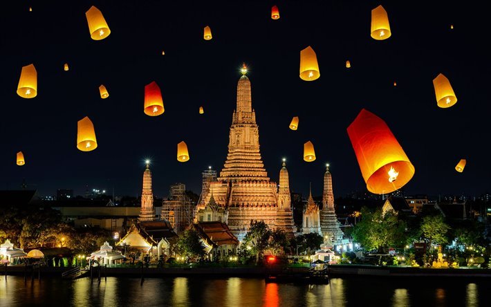 wat arun, buddhistische tempel, bangkok, hauptstadt von thailand, chao phraya fluss, nacht, tempel, fliegende laternen, landmark bangkok, thailand