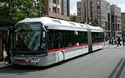 long trolley bus, city passenger transportation, trolley bus, people, modern trolleybuses, electric vehicles