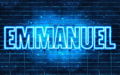 Emmanuel, 4k, pap&#233;is de parede com os nomes de, texto horizontal, Emmanuel nome, luzes de neon azuis, imagem com o nome de Emmanuel