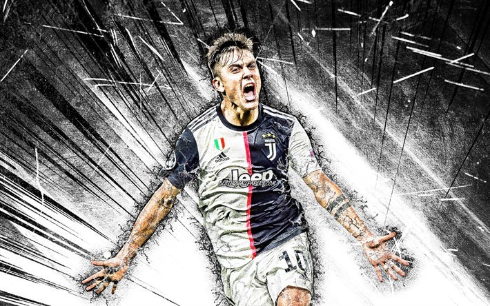 Paulo Dybala, grunge, arte, Juventus FC, Juventus, calciatori, calciatori argentini, obiettivo, Dybala, calcio, nero, astratto raggi, Serie A, Italia, Juve