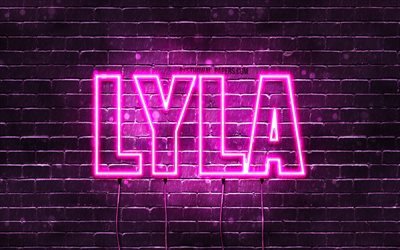 Lyla, 4k, taustakuvia nimet, naisten nimi&#228;, Lyla nimi, violetti neon valot, vaakasuuntainen teksti, kuva Lyla nimi