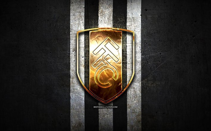 Fulham FC, golden logo, EFL Championship, black metal background, football, Fulham, english football club, Fulham logo, soccer, England