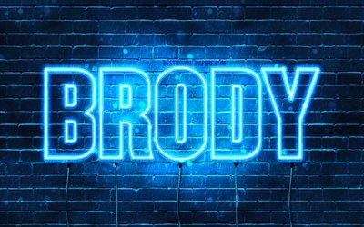 Brody, 4k, taustakuvia nimet, vaakasuuntainen teksti, Brody nimi, blue neon valot, kuva Brody nimi