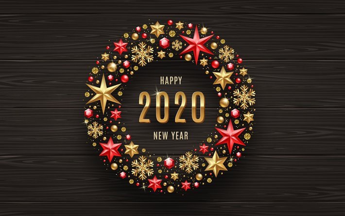 Happy New Year 2020, 4k, Christmas wreath, Wooden 2020 background, Christmas, 2020 concepts, Christmas frame, Golden Christmas Ornaments, 2020 on wooden background, 2020 New Year, 2020 year digits