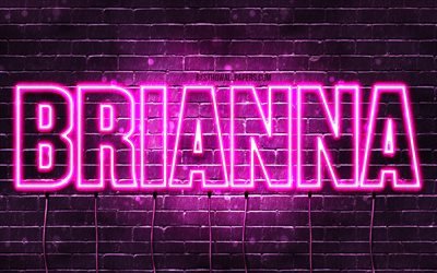 Brianna, 4k, wallpapers with names, female names, Brianna name, purple neon lights, horizontal text, picture with Brianna name