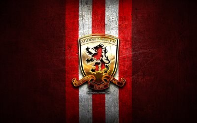 Middlesbrough FC, golden logo, EFL Championship, red metal background, football, Middlesbrough, english football club, Middlesbrough logo, soccer, England