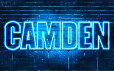 Camden, 4k, pap&#233;is de parede com os nomes de, texto horizontal, Camden nome, luzes de neon azuis, imagem com Camden nome