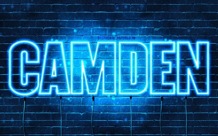 カムデン, 4k, 壁紙名, テキストの水平, カムデンの名前, 青色のネオン, 写真のカムデンの名前