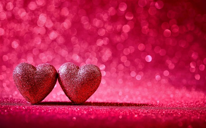 اثنين من قلوب ،, 4k, الحب المفاهيم, قلوب الوردي, الفن 3D, 3D القلوب, العمل الفني, قلوب, خلفيات الوردي