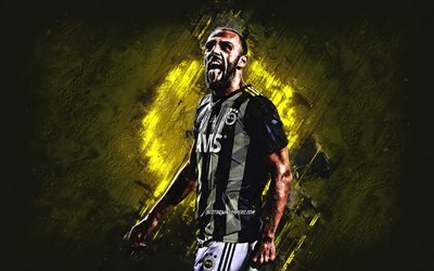 Vedat Muriqi, Fenerbahce, Kosovar professional footballer, portrait, Turkish Super League, yellow stone background