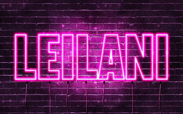 Leilani, 4k, wallpapers with names, female names, Leilani name, purple neon lights, horizontal text, picture with Leilani name