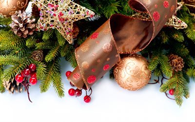 Albero di natale, Buon Natale, Felice Anno Nuovo, marrone, nastro di seta, il 2020, Anno Nuovo, albero, Stella d&#39;Oro