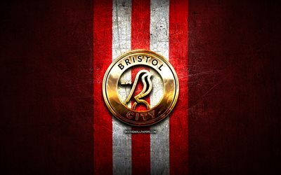 Bristol City FC, golden logotyp, EFL Championship, red metal bakgrund, fotboll, engelska football club, Bristol City FC logotyp, England
