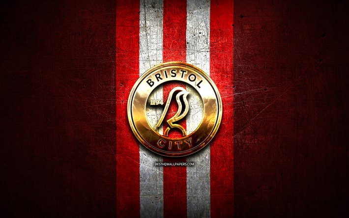 Bristol City FC, golden logo, EFL Championship, red metal background, football, FC Bristol City, english football club, Bristol City FC logo, soccer, England