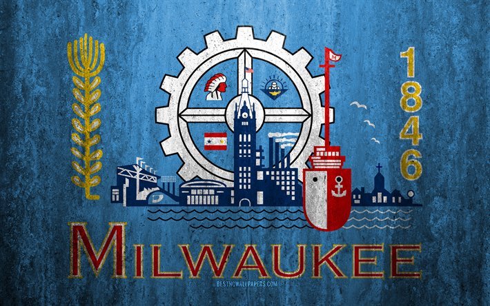 Lipun Milwaukee, Wisconsin, 4k, kivi tausta, Amerikkalainen kaupunki, grunge lippu, Milwaukee, USA, Milwaukee lippu, grunge art, kivi rakenne, liput amerikan kaupungit