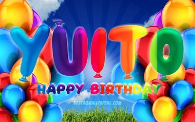 yuito happy birthday, 4k, bew&#246;lkten himmel hintergrund, geburtstag, bunte ballons, yuito namen, happy birthday yuito, geburtstag konzept, yuito geburtstag, yuito