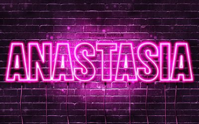 Anastasia, 4k, taustakuvia nimet, naisten nimi&#228;, Anastasia nimi, violetti neon valot, vaakasuuntainen teksti, kuva Anastasia nimi
