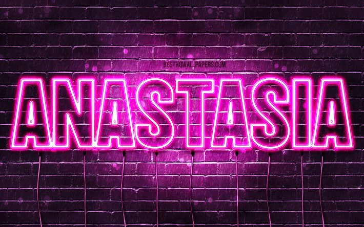 Anastasia, 4k, wallpapers with names, female names, Anastasia name, purple neon lights, horizontal text, picture with Anastasia name