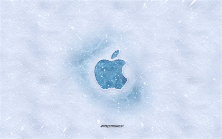 Appleのロゴ, 冬の概念, 雪質感, 雪の背景, リンゴエンブレム, 冬の美術, Apple