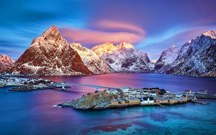 Norway, winter, mountains, sea, Europe, sunset, norwegian nature