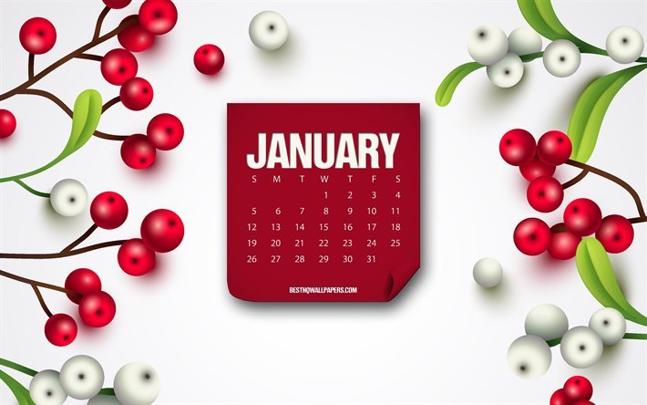 januar 2020-kalender, rot papier-monats-kalender, januar, hintergrund mit beeren, kalender