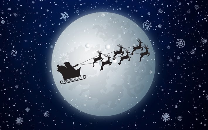 Babbo Natale su slitta, 4k, capodanno, sfondo con babbo natale, la luna, la vigilia di natale, decorazioni di natale, sfondi di natale, babbo natale, concetti, Babbo Natale