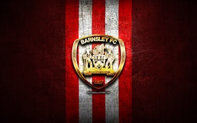 Barnsley FC, altın logo, HAZIRLIK Şampiyonası, kırmızı metal arka plan, futbol, FC Barnsley, İngiliz Futbol Kul&#252;b&#252; Barnsley logo, İngiltere