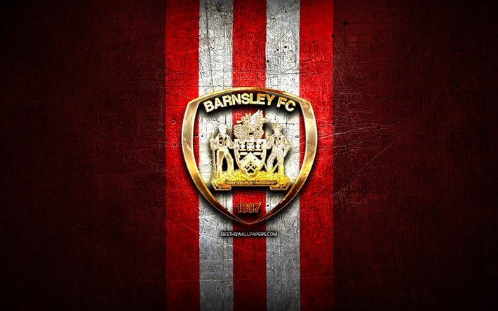 Barnsley FC, golden logo, EFL Championship, red metal background, football, FC Barnsley, english football club, Barnsley logo, soccer, England