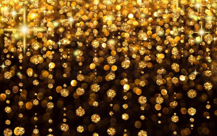 pioggia dorata, 4k, golden abbagliamento, arte astratta, sfarfallio luminoso, scintillante d&#39;oro