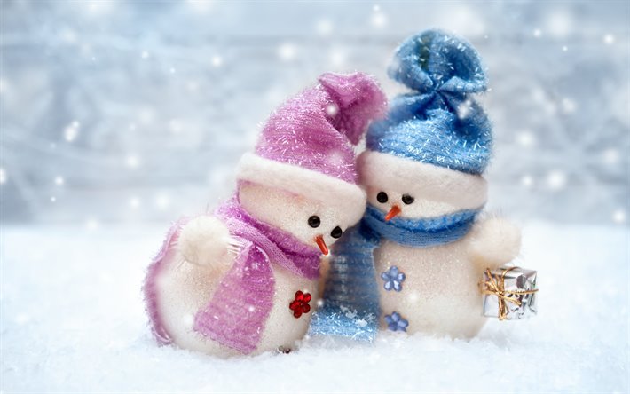 Snowmen, winter, snow, cute snowmen, couple of snowmen, Merry Christmas, Happy New Year, winter concepts, snowman, Christmas