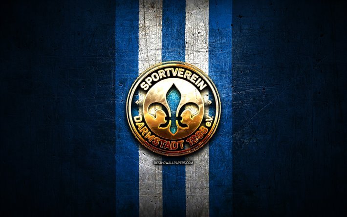 Darmstadt FC, ouro logotipo, Bundesliga 2, metal azul de fundo, futebol, SV Darmstadt 98, alem&#227;o clube de futebol, Darmstadt logotipo, Alemanha