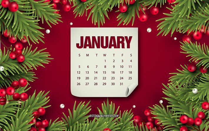 Januari 2020 kalender, r&#246;d bakgrund med b&#228;r, Julgran, vinter, Januari, 2020 kalendrar