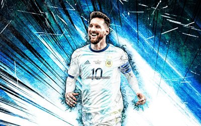 Lionel Messi, grunge art, Argentiinan jalkapallomaajoukkue, jalkapallo t&#228;hte&#228;, sininen abstrakti-s&#228;teilt&#228;, Leo Messi, jalkapallo, Messi, Argentiinan Maajoukkueen