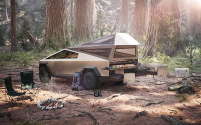 2022, Tesla Cybertruck, rear view, exterior, electric SUV, new Cybertruck, forest, camp, american electric cars, Tesla