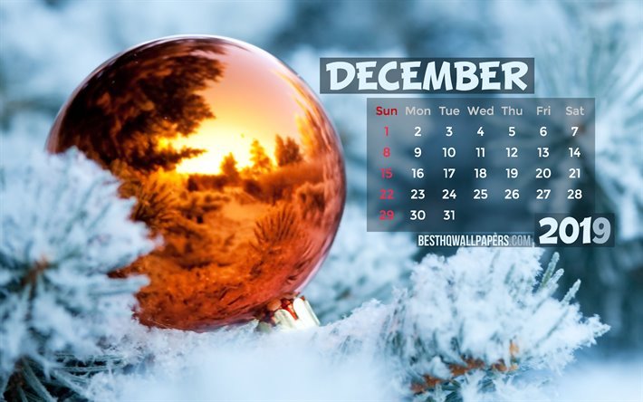 كانون الأول / ديسمبر 2019 التقويم, 4k, الذهبي عيد الميلاد الكرة, الشتاء, 2019 التقويم, كانون الأول / ديسمبر 2019, الإبداعية, شجرة التنوب فرع, كانون الأول / ديسمبر 2019 التقويم مع زينة عيد الميلاد, التقويم كانون الأول / ديسمبر 2019, 2019 التقويمات