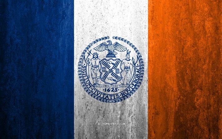 Flag of New York City, New York, 4k, stone background, American city, grunge flag, New York City, USA, New York City flag, grunge art, stone texture, flags of american cities