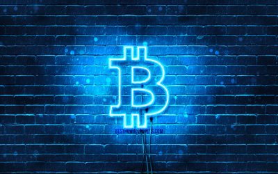 ビットコインの青いマーク, 4k, 青brickwall, ビットコインロゴ, cryptocurrency, ビットコインのネオンのロゴ, ビットコイン