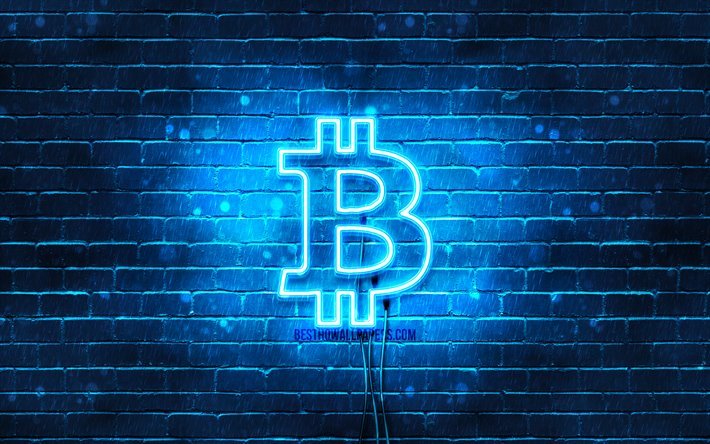 Bitcoin blue logo, 4k, blue brickwall, Bitcoin logo, cryptocurrency, Bitcoin neon logo, Bitcoin