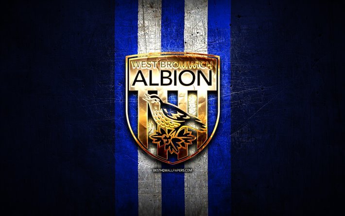 West Bromwich Albion FC, golden logo, EFL Championship, blue metal background, football, West Bromwich Albion, english football club, West Bromwich Albion logo, soccer, England
