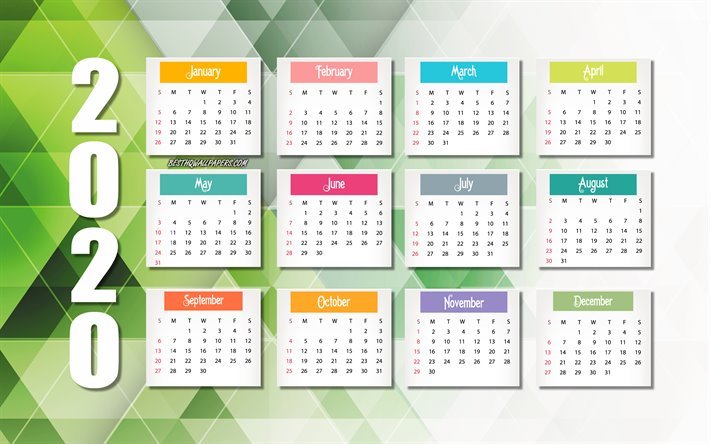 2020 Calendario, mosaico verde, sfondo, verde triangoli sfondo, il 2020 tutti i mesi del calendario, carta, arte, creativo, calendari, Anno 2020 Calendario